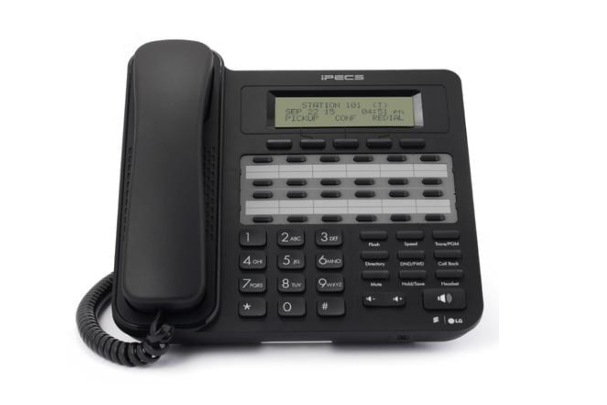 A black telephone is sitting on a white surface.