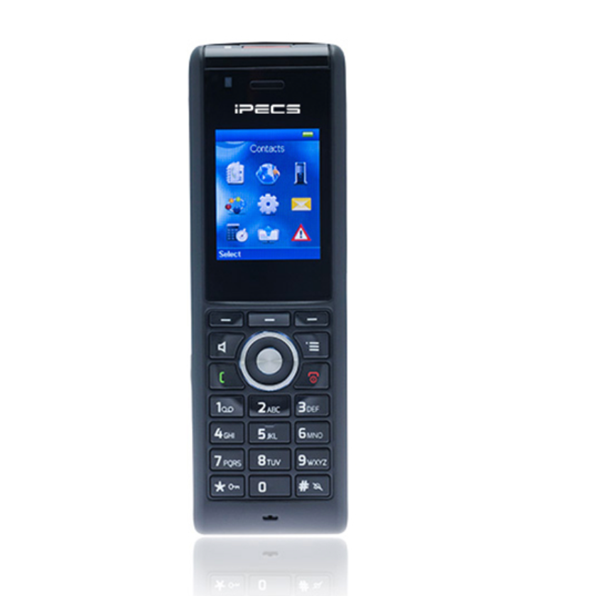 A black ipbcs phone with a blue screen