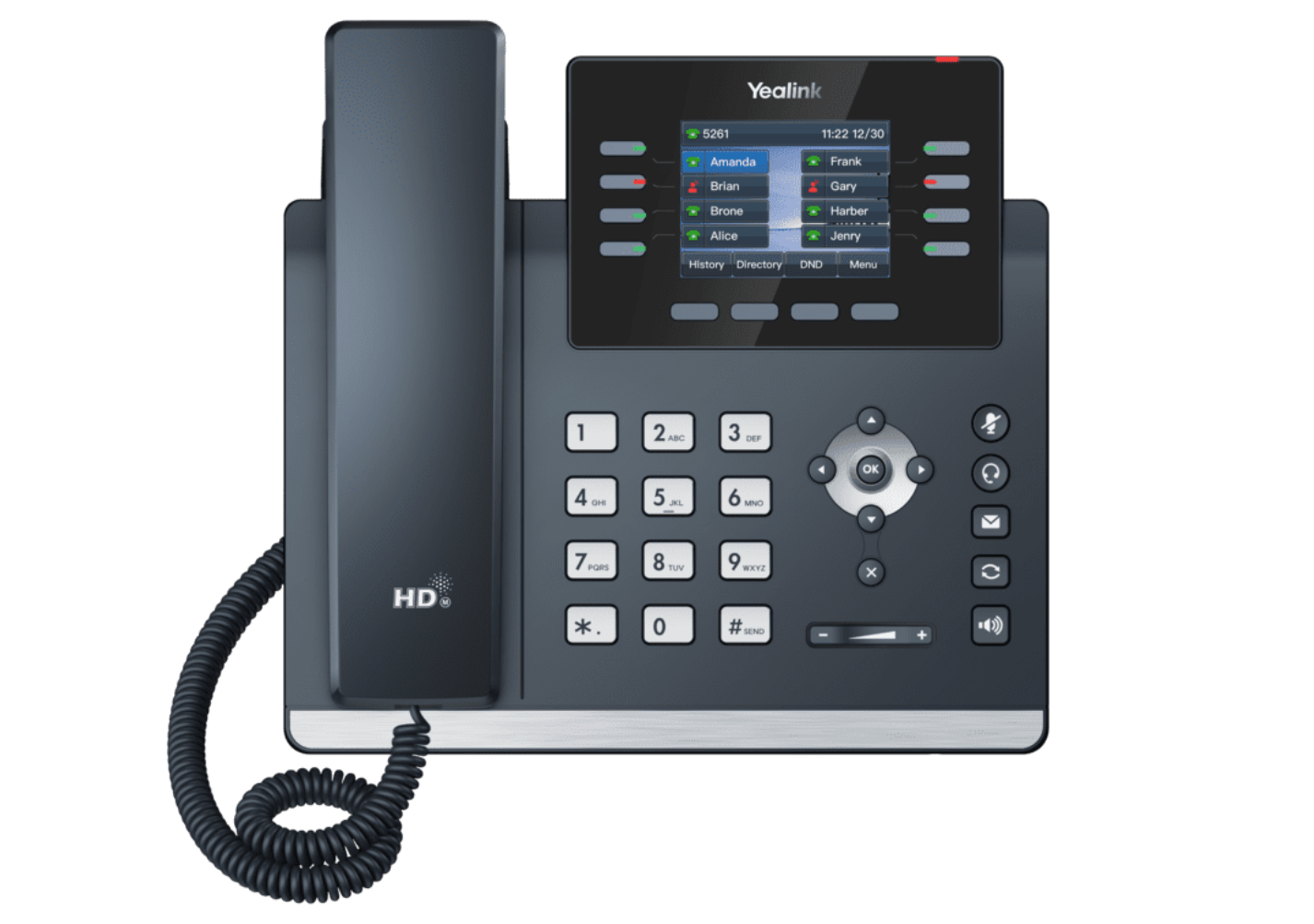 A black telephone with a cord attached to it on a white background.