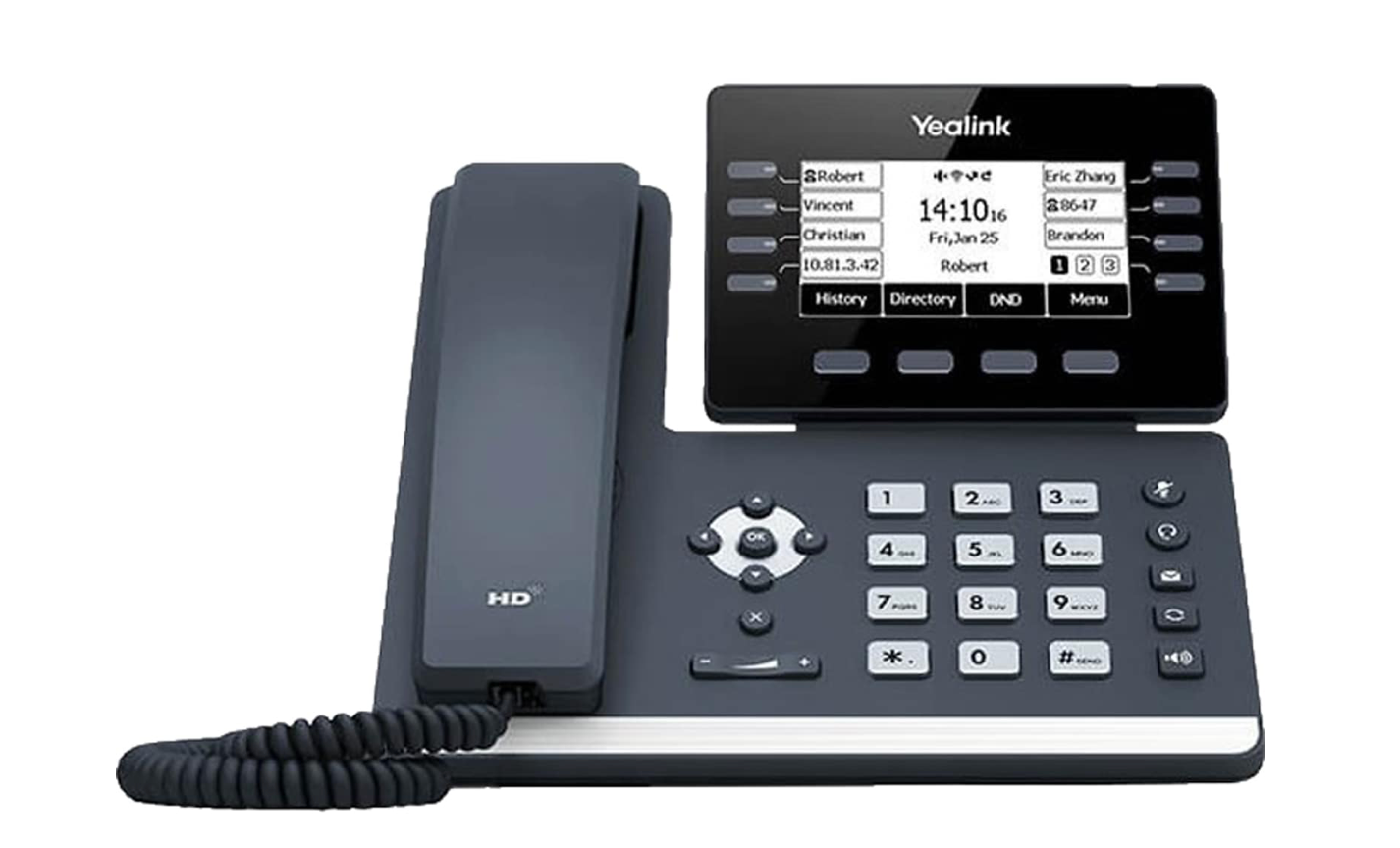 A black telephone with a screen on it on a white background.