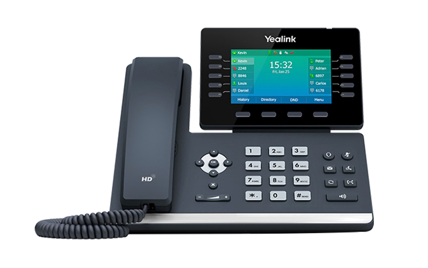 A yealink ip phone with a screen on top of it on a white background.