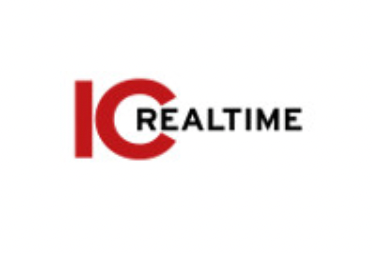 A red and black logo for ic realtime on a white background.