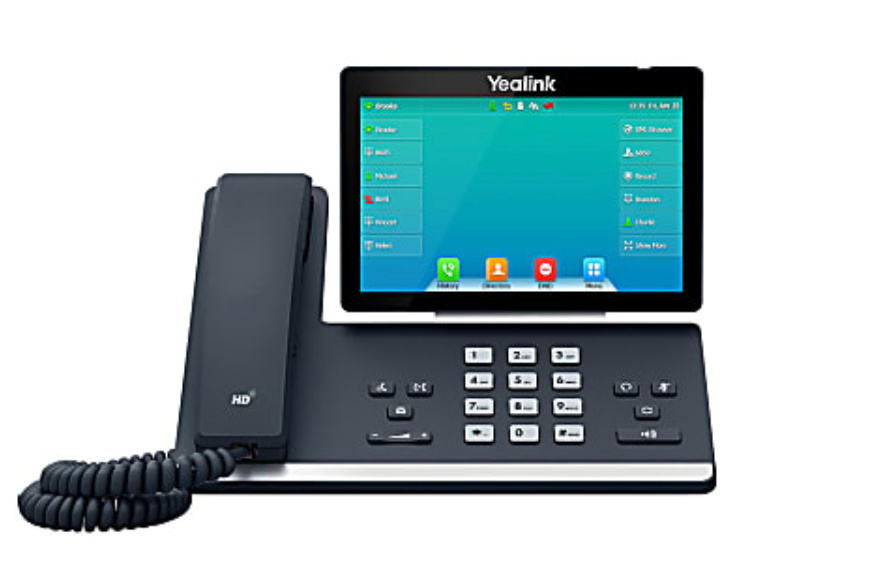 A telephone with a tablet attached to it on a white background.