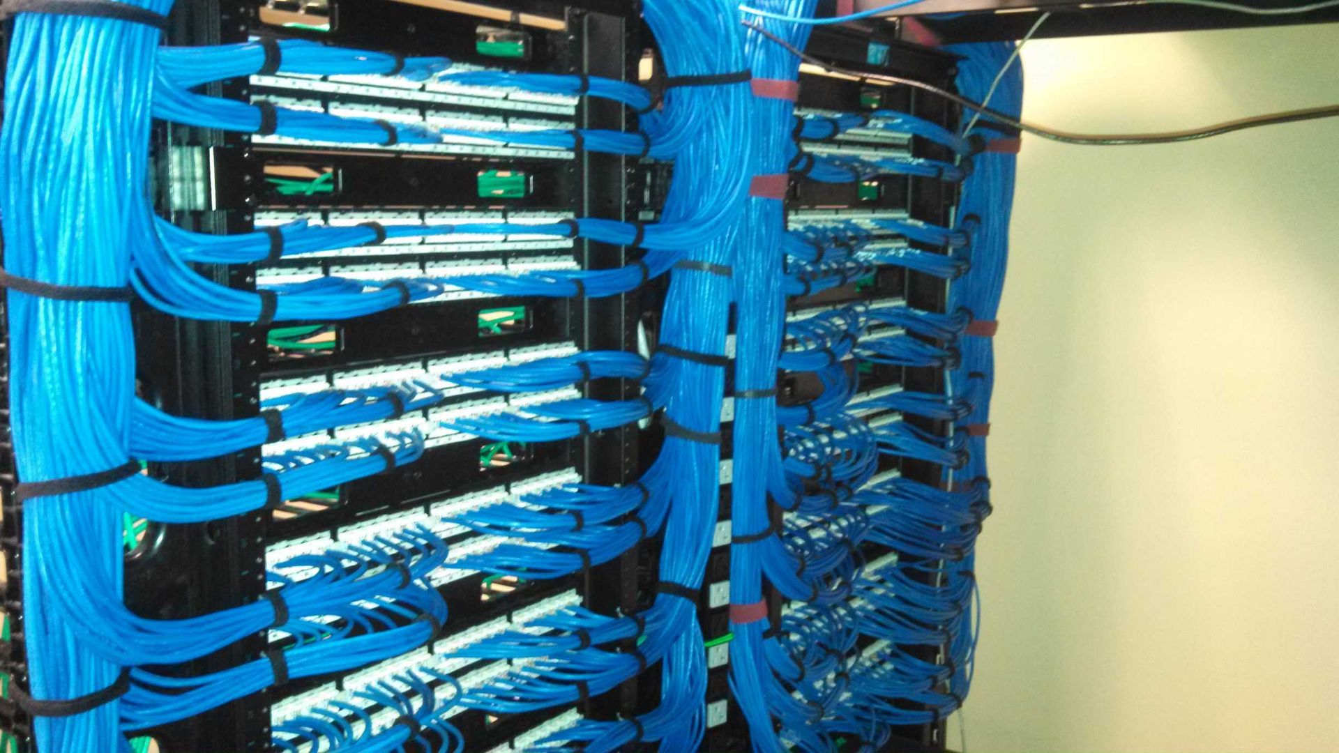 A bunch of blue wires are hanging on a wall