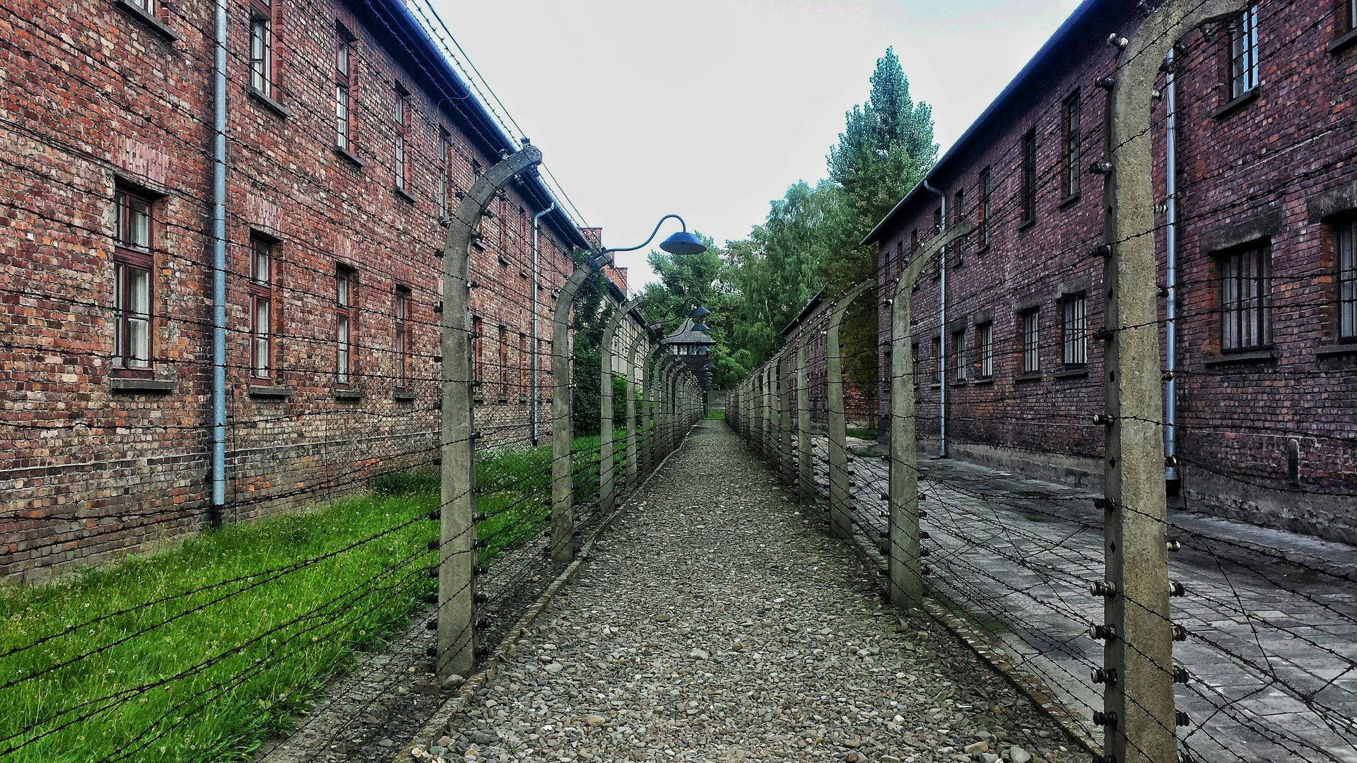 There is a barbed wire fence between two brick buildings.