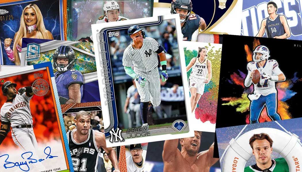 Sports cards collage: baseball, basketball, football, and other athletes.