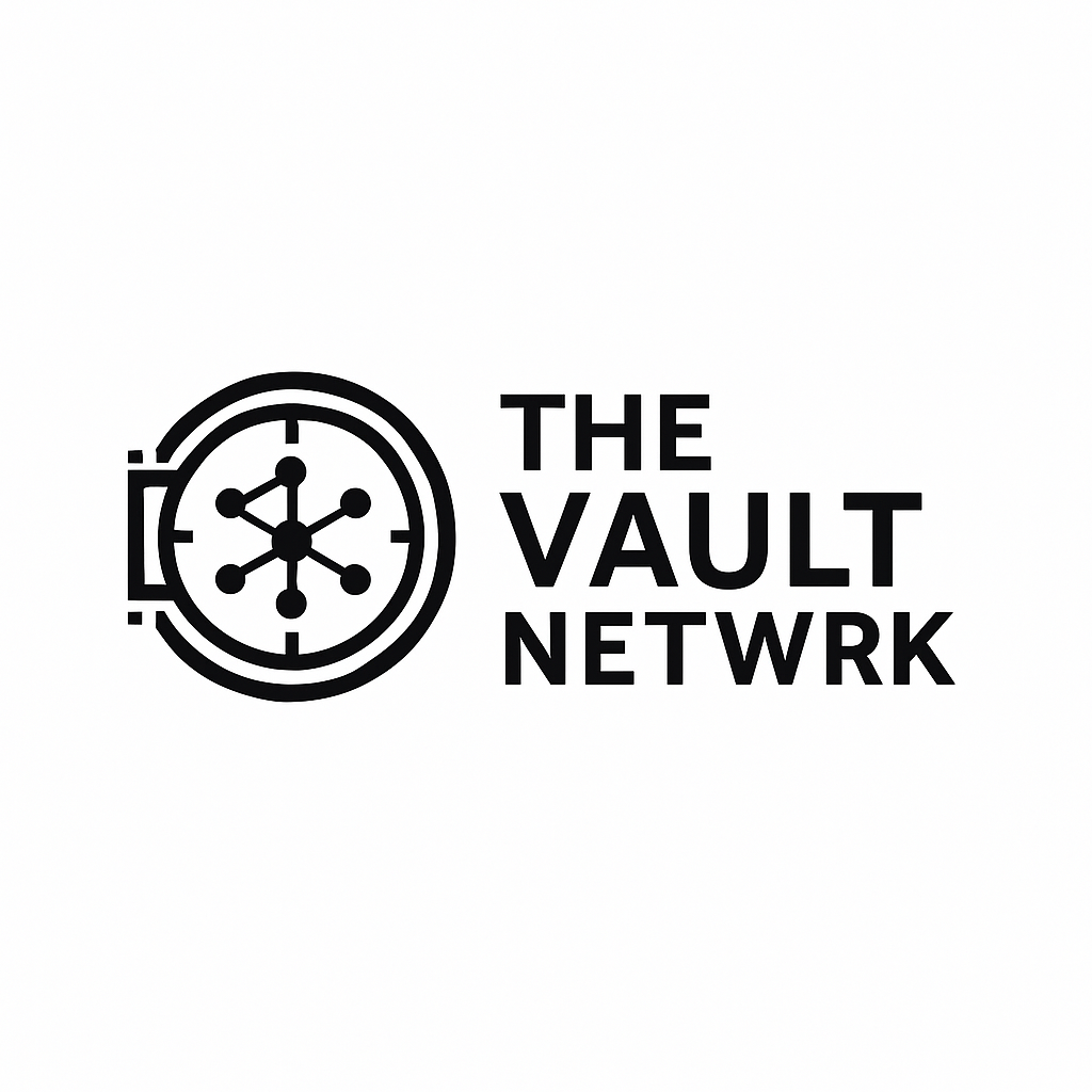 A black and white logo for the vault network.