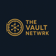 A logo for the vault network with a compass on a dark blue background.