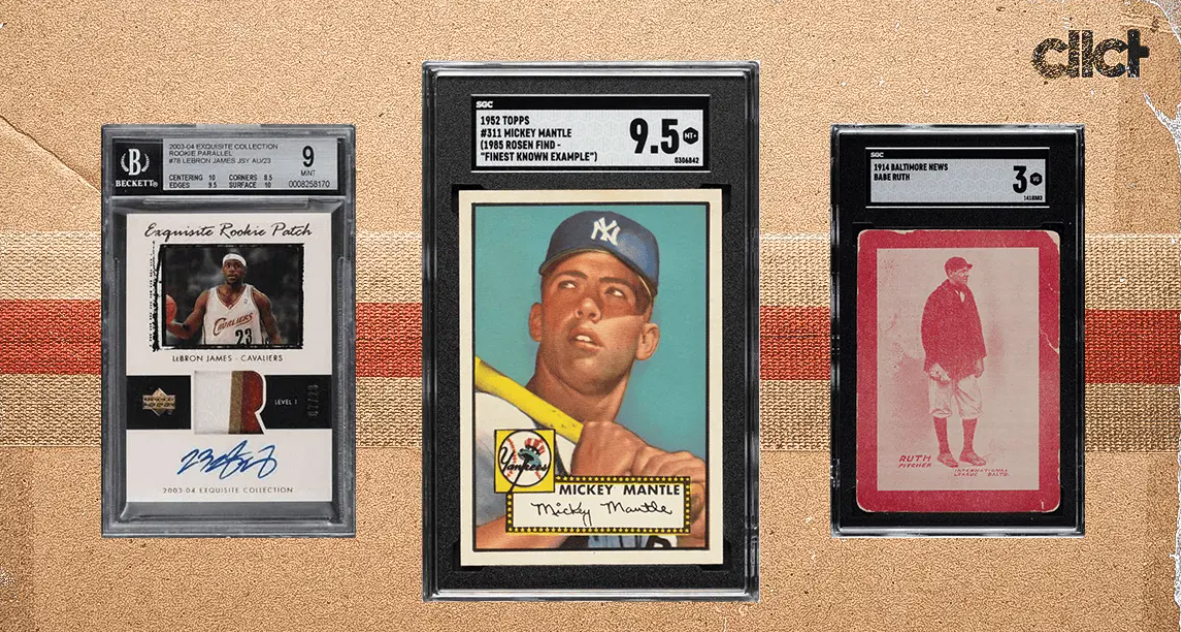 Three graded sports cards in black holders: basketball, baseball (white background), and baseball (red image).