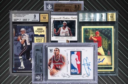 Graded sports cards featuring Tom Brady, LeBron James, and other athletes.