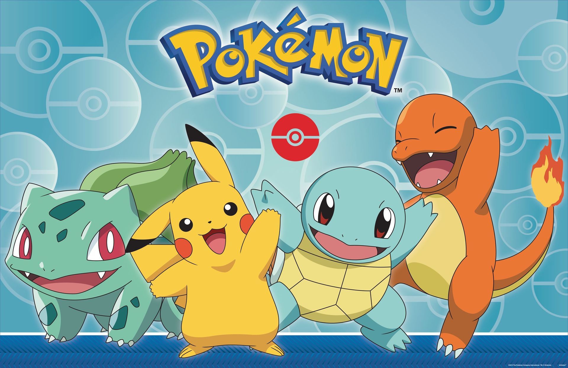 Pokémon characters: Bulbasaur, Pikachu, Squirtle, and Charmander smiling against a blue background with Poké Balls.