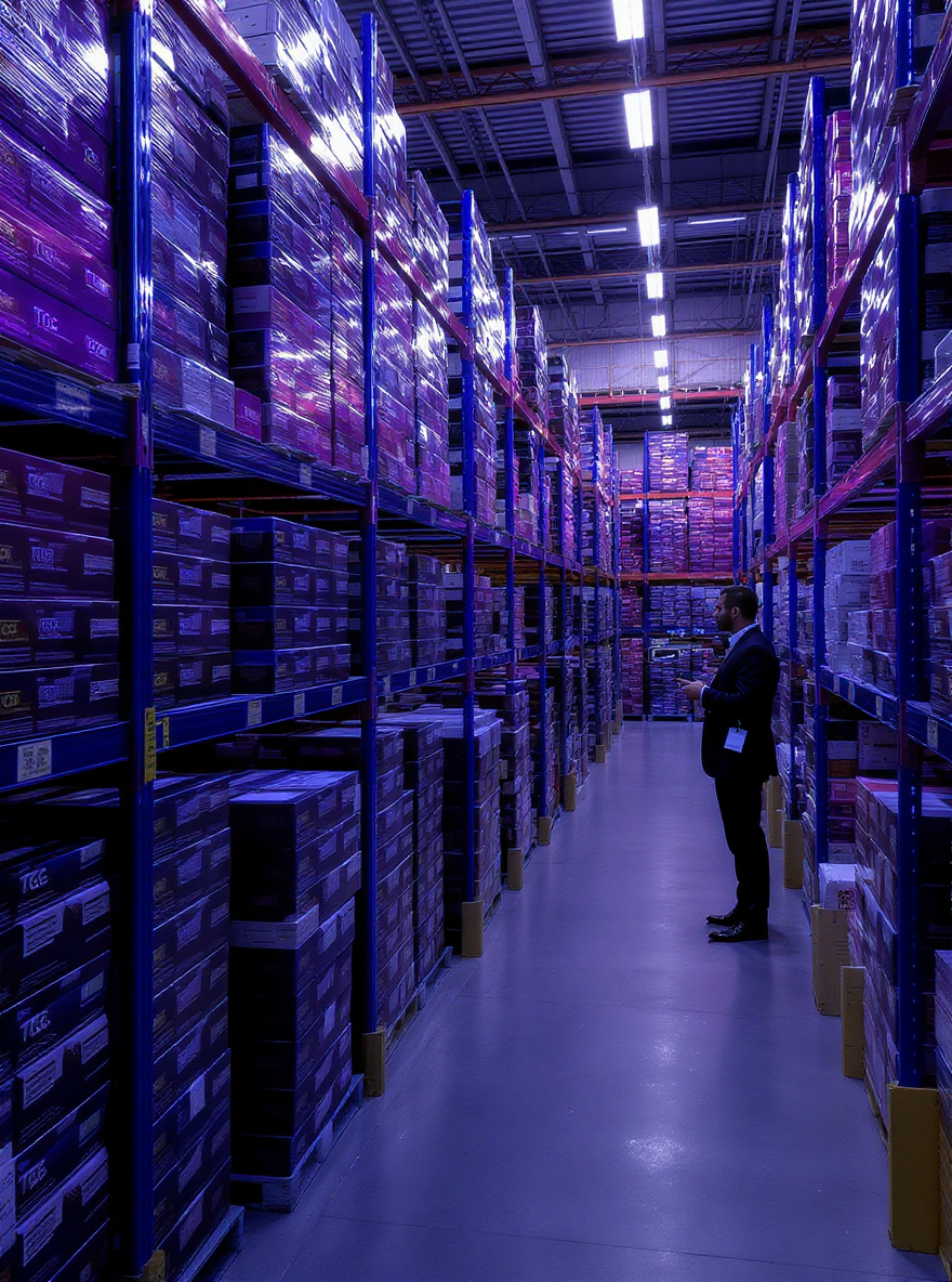 A man is standing in a warehouse filled with lots of shelves and boxes.