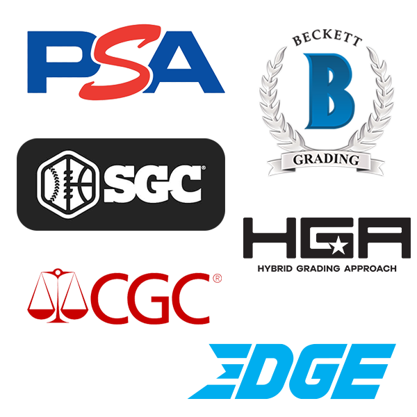 Logos for card grading companies: PSA, Beckett, SGC, CGC, HGA, and Edge.
