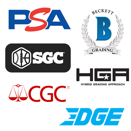 Logos for card grading companies: PSA, Beckett, SGC, CGC, HGA, and Edge.