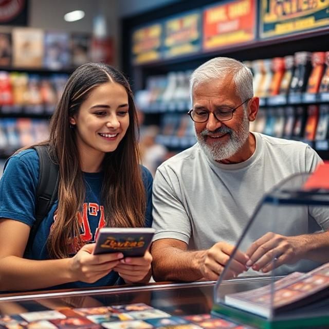 Woman and man examining a DVD in a store, smiling. Shelves with items in the background.
