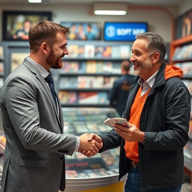 Two men shaking hands in front of a sign that says soft