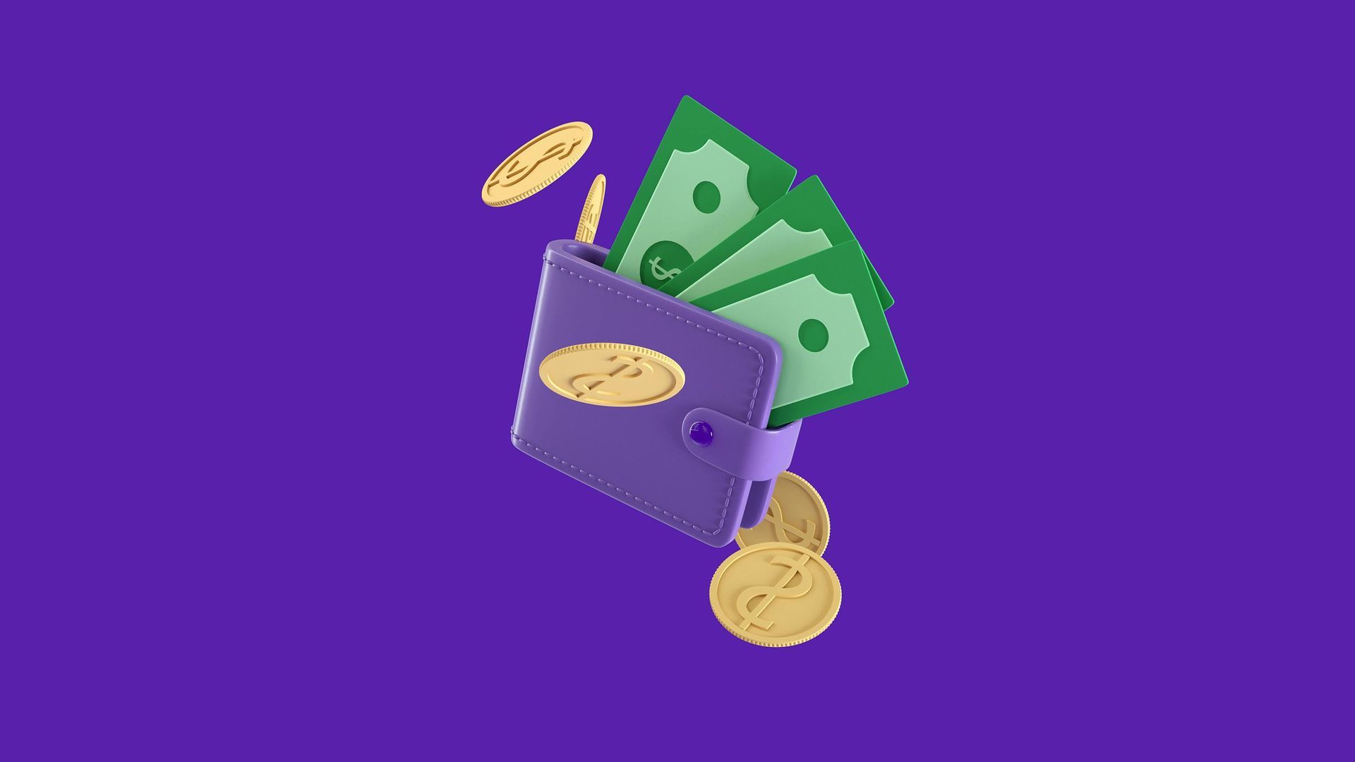 Purple wallet with cash and gold coins floating on a purple background.