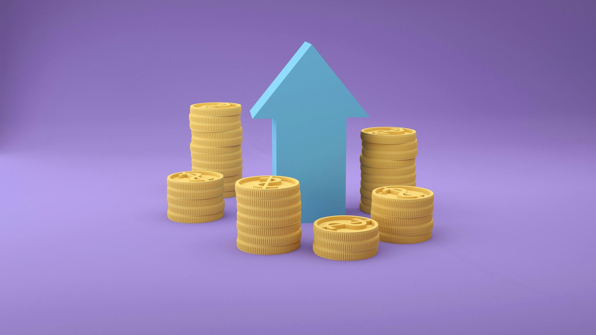 A blue arrow pointing upward, surrounded by four stacks of gold coins, set against a solid purple background.