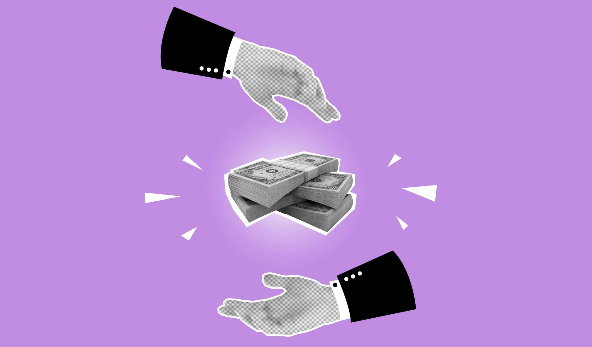 Two gloved hands in suits reaching for a stack of cash against a purple background.