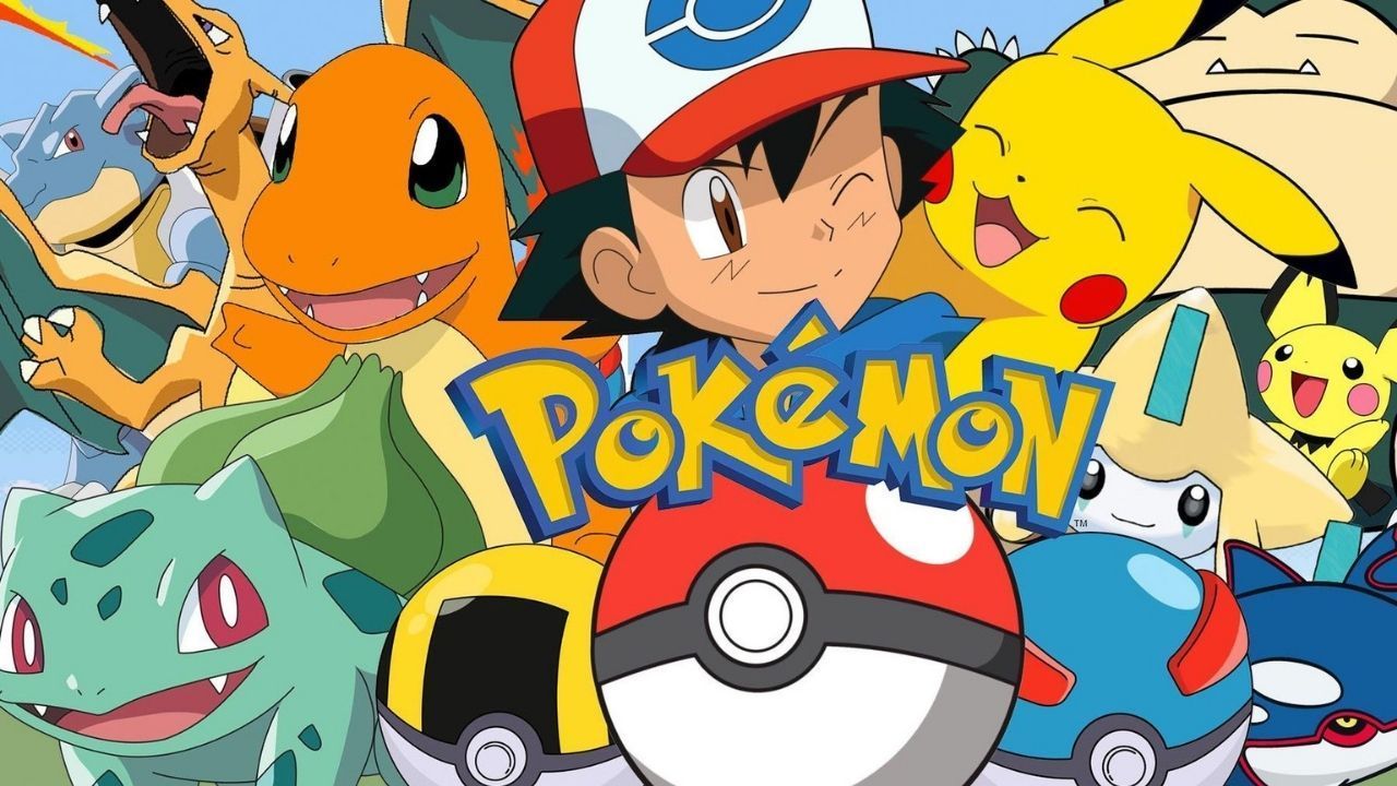 Ash Ketchum with Pikachu, Charmander, Bulbasaur, and other Pokémon characters and logo.