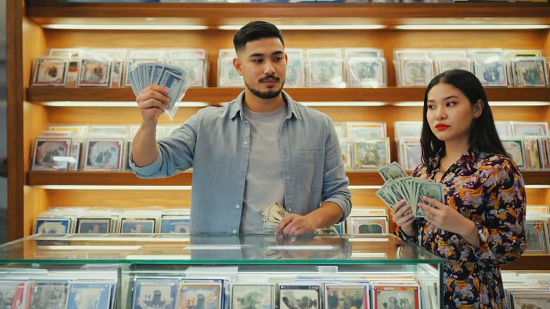 Man and woman holding money in a currency exchange shop.