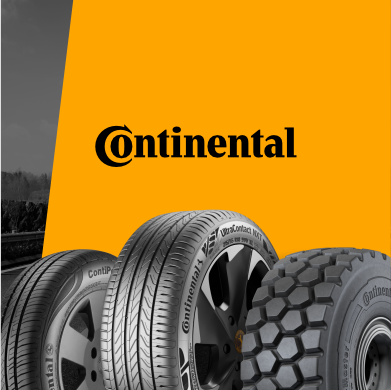 Pneus Continental com logotipo em fundo amarelo.