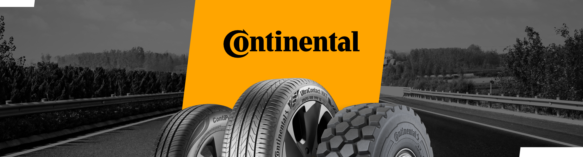 Pneus Continental em frente a uma faixa amarela contra uma estrada em tons de cinza.