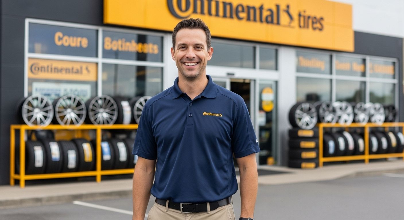 Homem de camisa azul sorri em frente a uma loja de pneus Continental.
