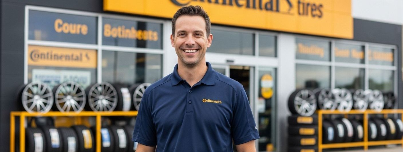 Homem sorrindo em frente a uma loja da Continental Tires, com pneus em exposição.