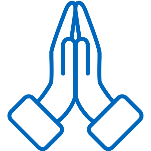 A blue line drawing of two hands folded in prayer.