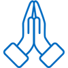 A blue line drawing of two hands folded in prayer.