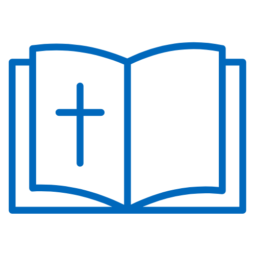 A blue icon of an open bible with a cross on it.
