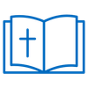 A blue icon of an open bible with a cross on it.