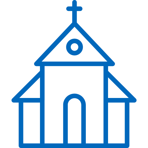 A blue line drawing of a church with a cross on top.