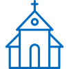 A blue line drawing of a church with a cross on top.