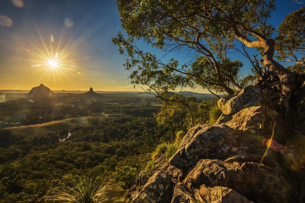 The Sun Is Shining Through The Trees On A Rocky Hillside — Caloundra Scrap Metal in Glass House Mountains, QLD