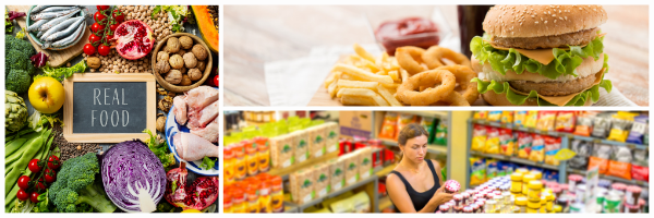 A collage of different types of food and a woman in a grocery store.