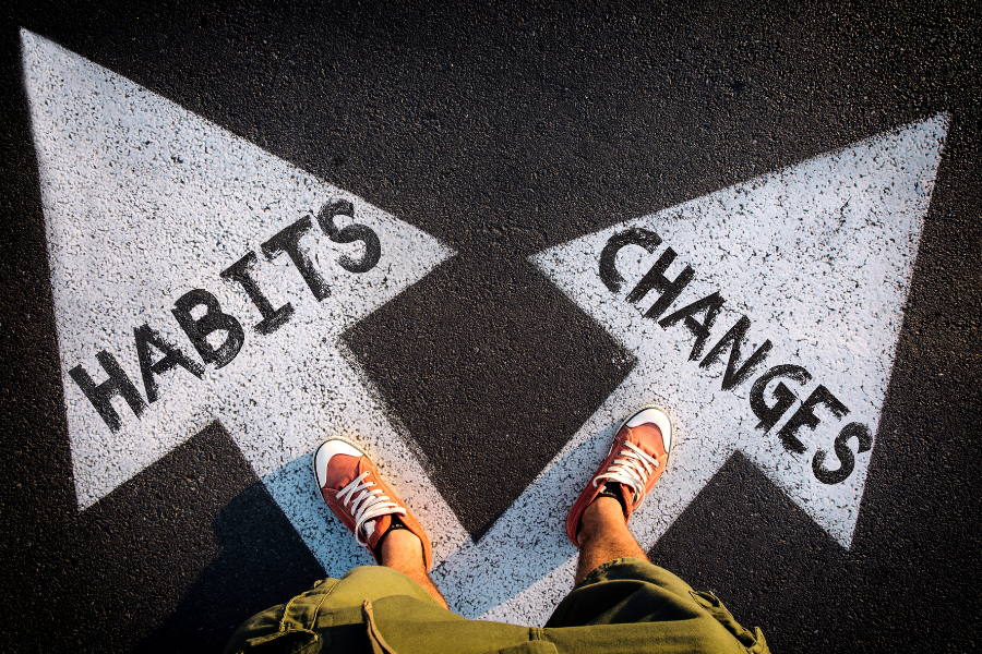 A person is standing in front of two arrows that say habits and changes.