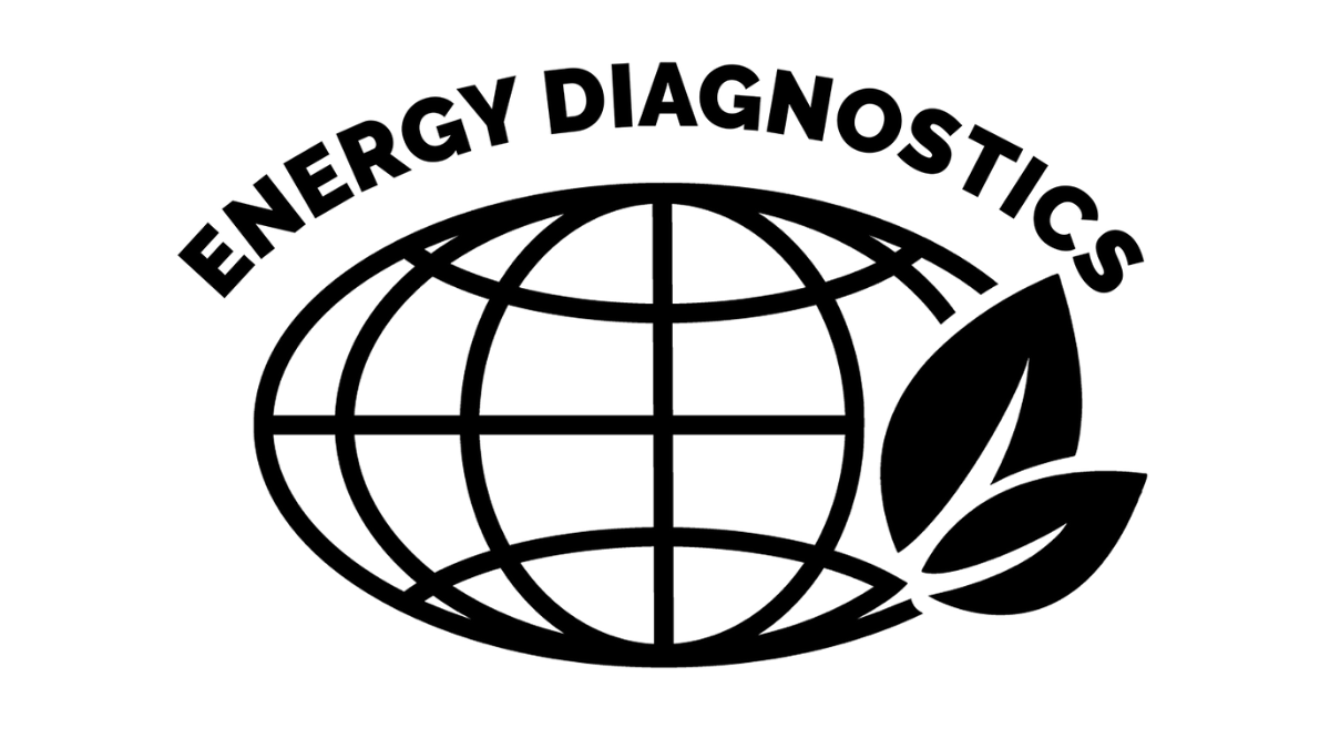 A black and white logo for energy diagnostics with a globe and leaves.