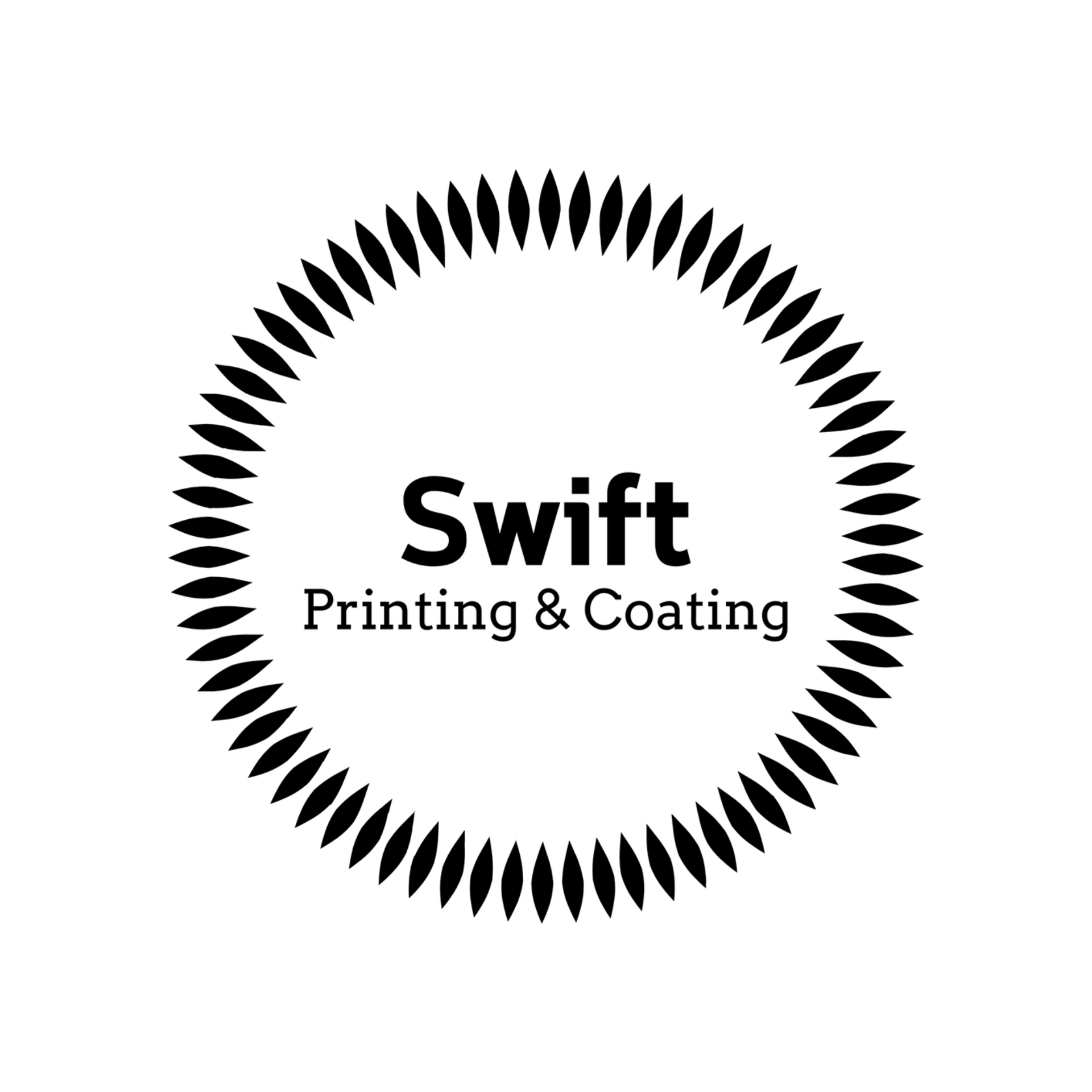 A black and white logo for swift printing and coating.