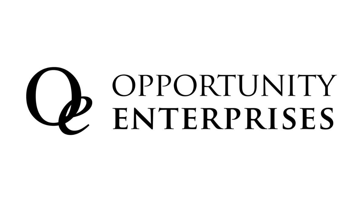 A black and white logo for opportunity enterprises on a white background.