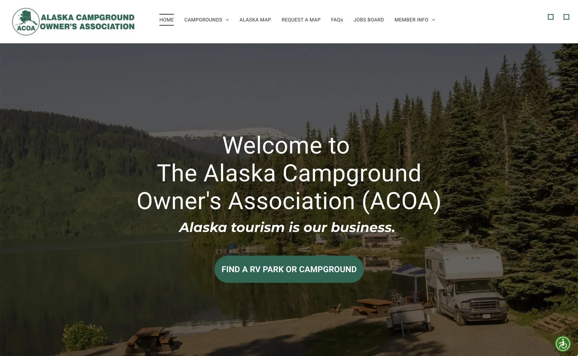 A screenshot of the website for the alaska campground owner 's association.