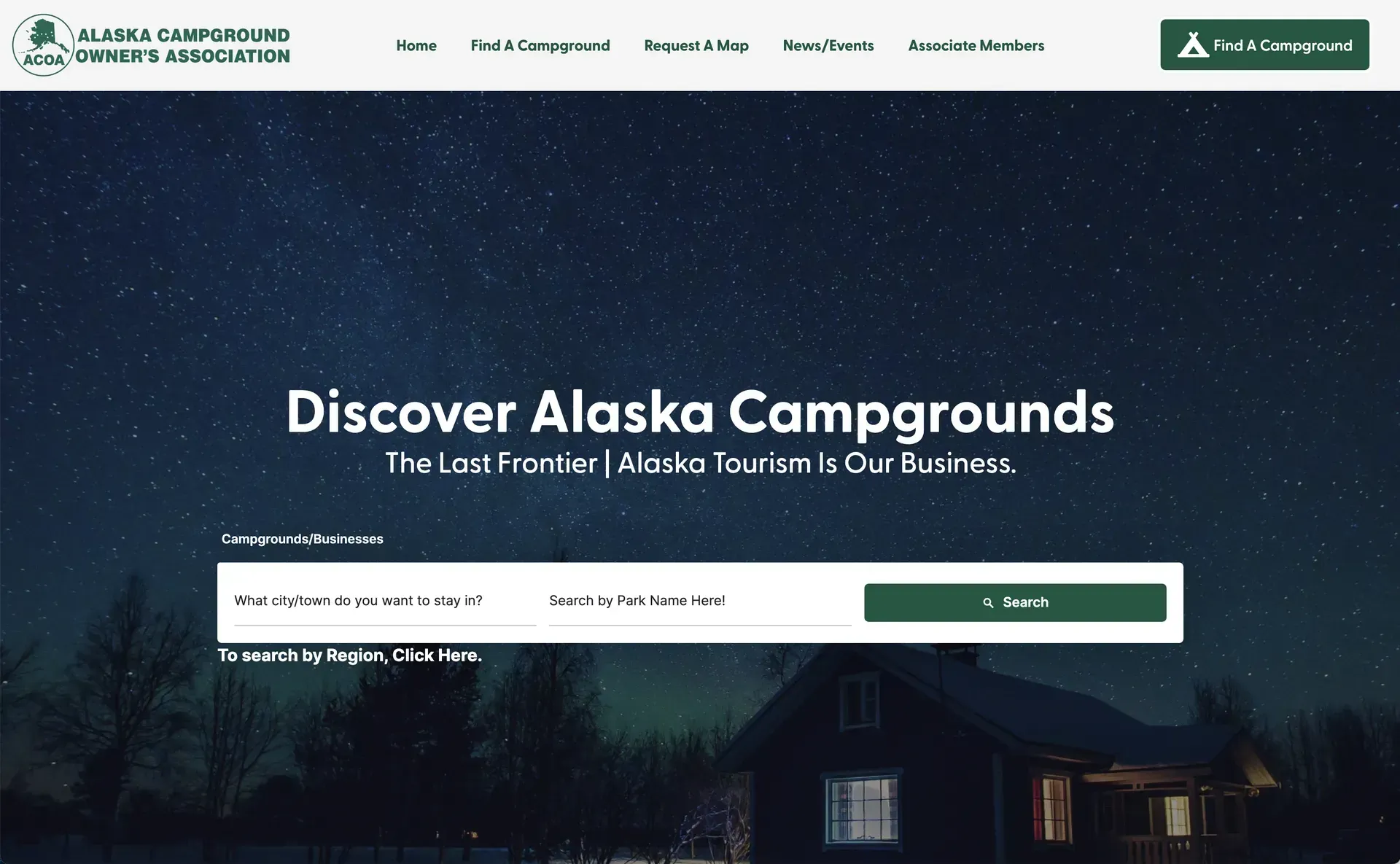 A screenshot of the website for alaska campgrounds.