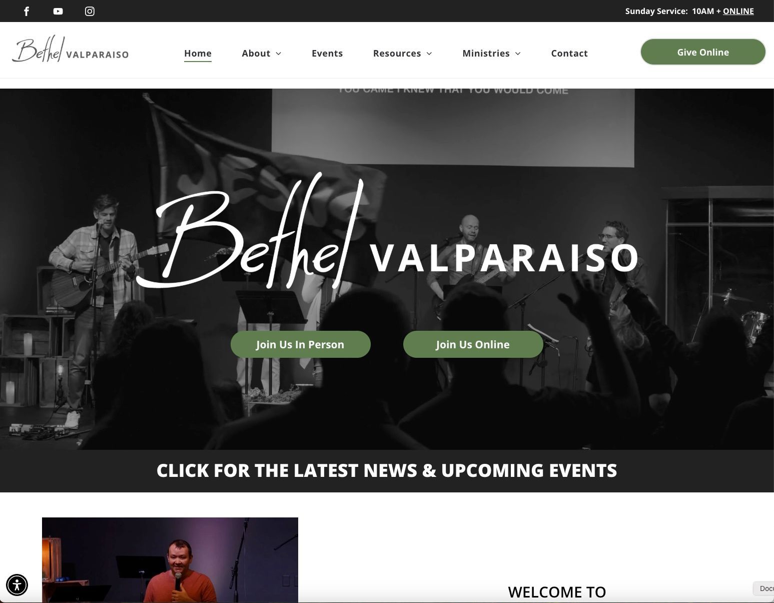 A screenshot of a website for a church called bethel valparaiso.