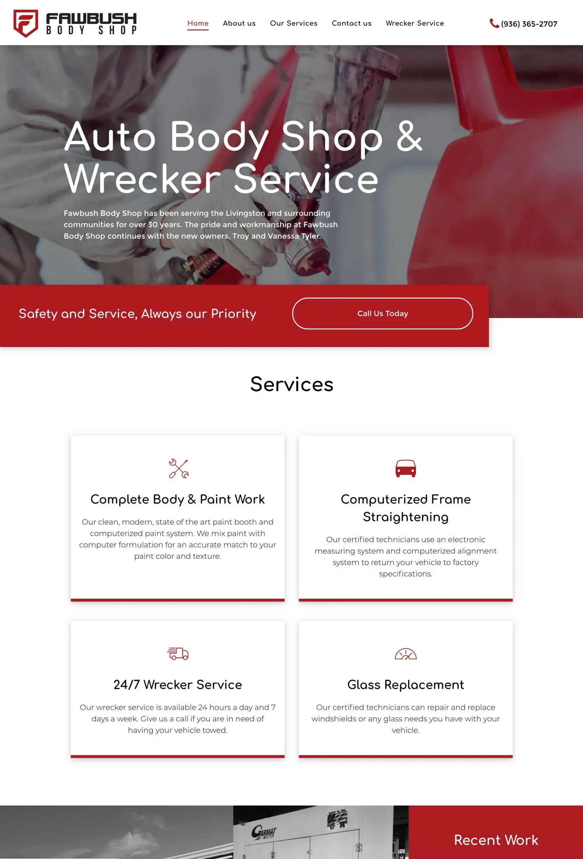 A screenshot of a website for an auto body shop and wrecker service.