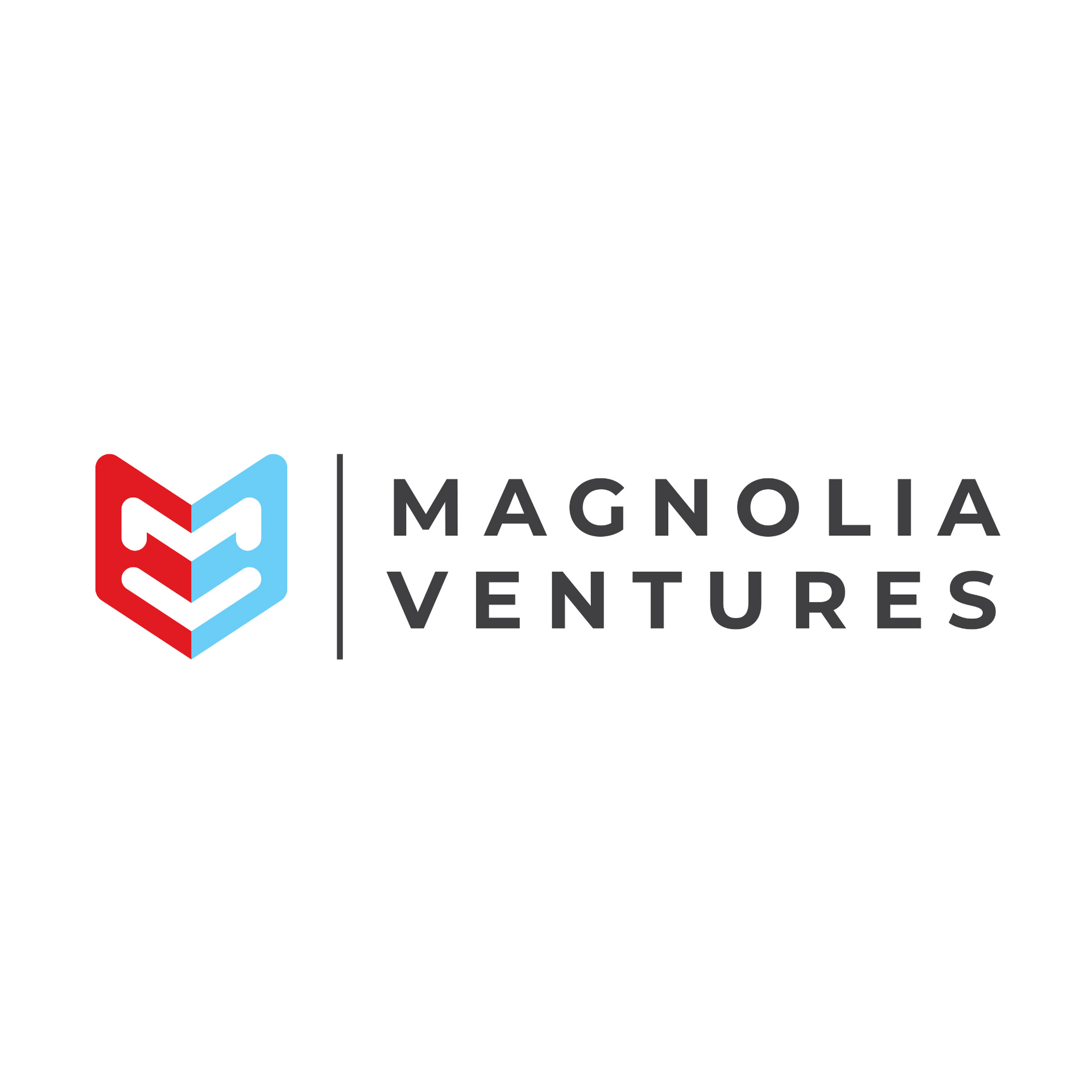 The logo for magnolia ventures is red and blue and looks like a shield.