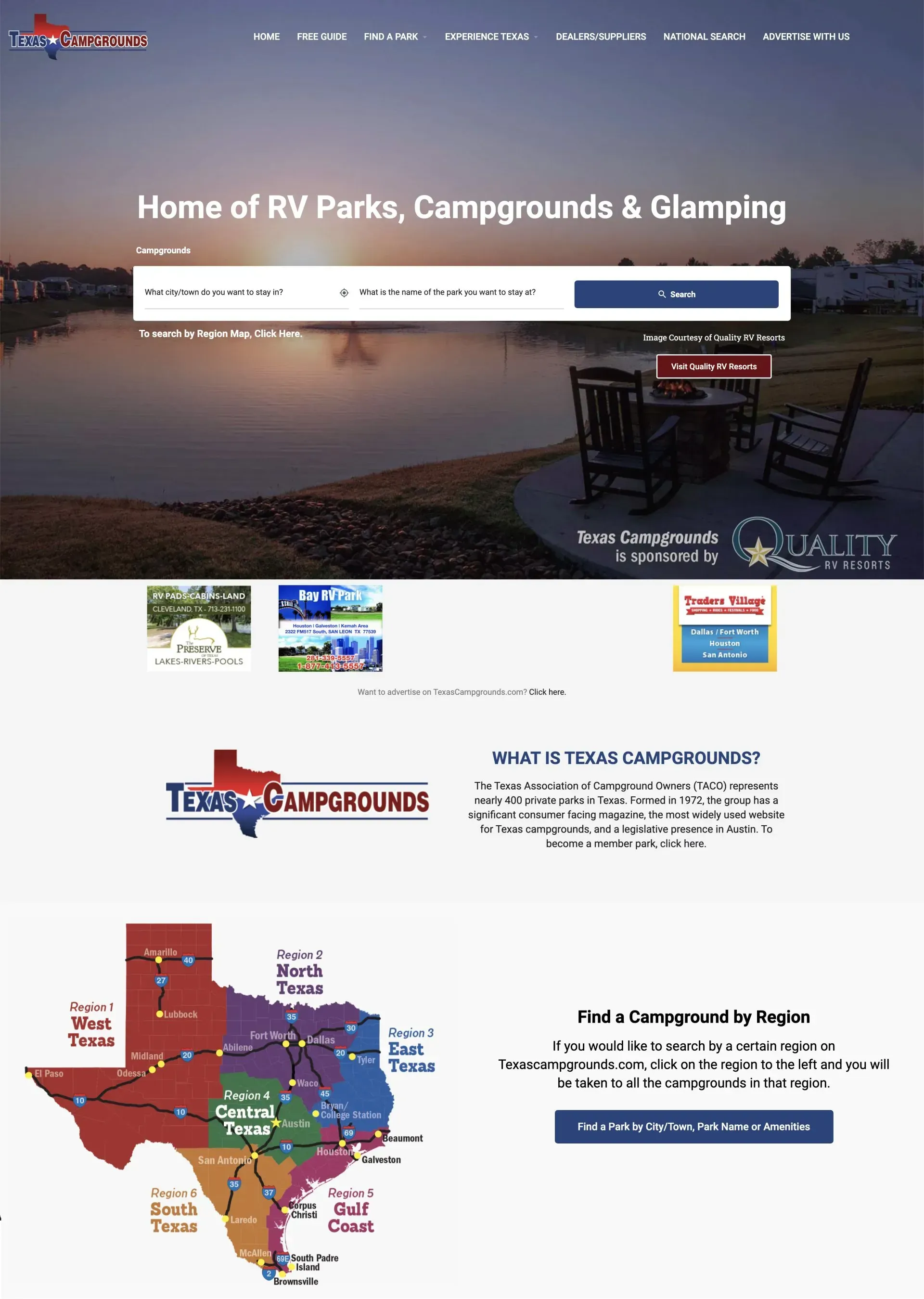 A screenshot of the home of rv parks , campgrounds and camping website.