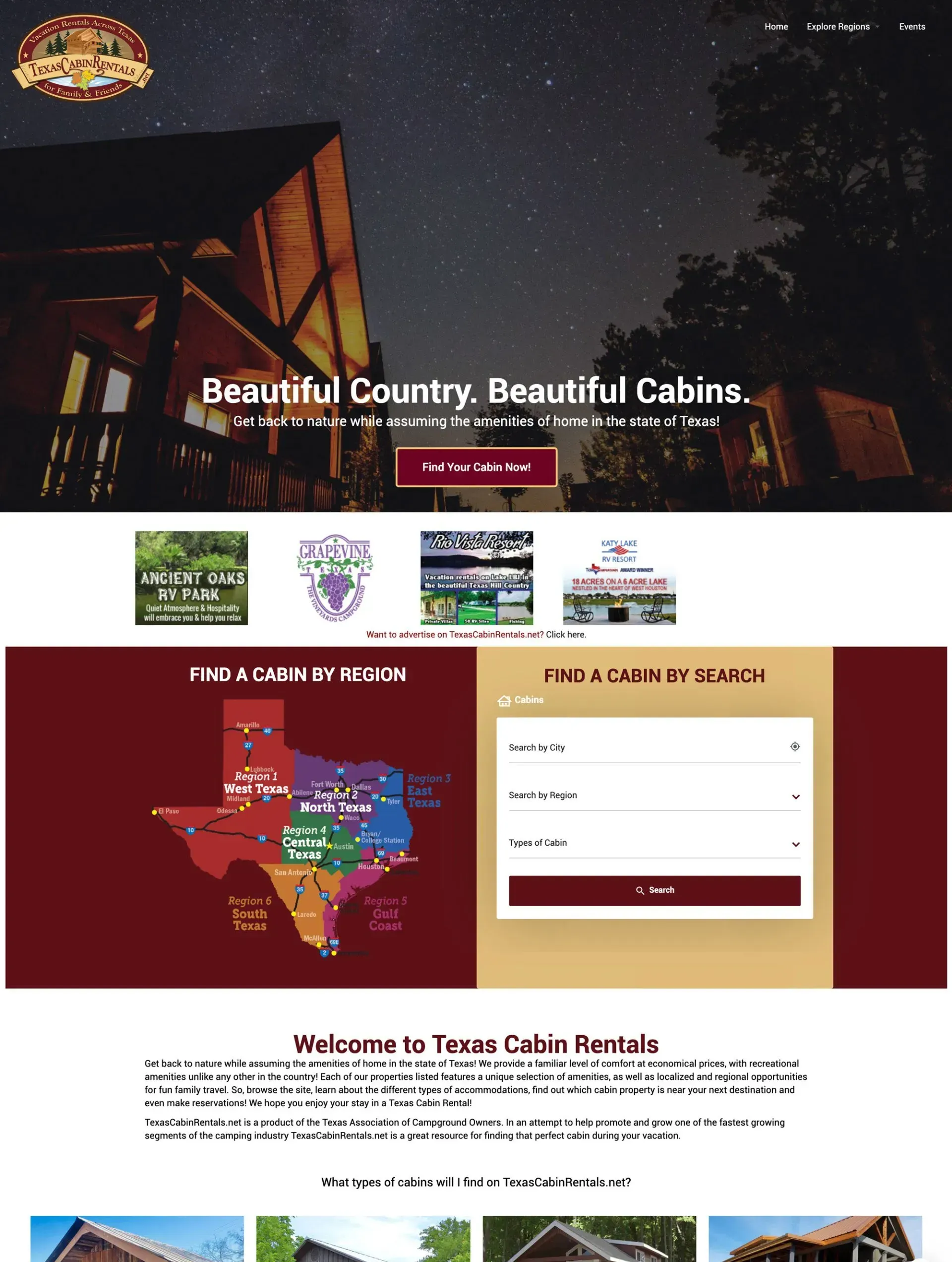 A screenshot of a website for beautiful country beautiful cabins.