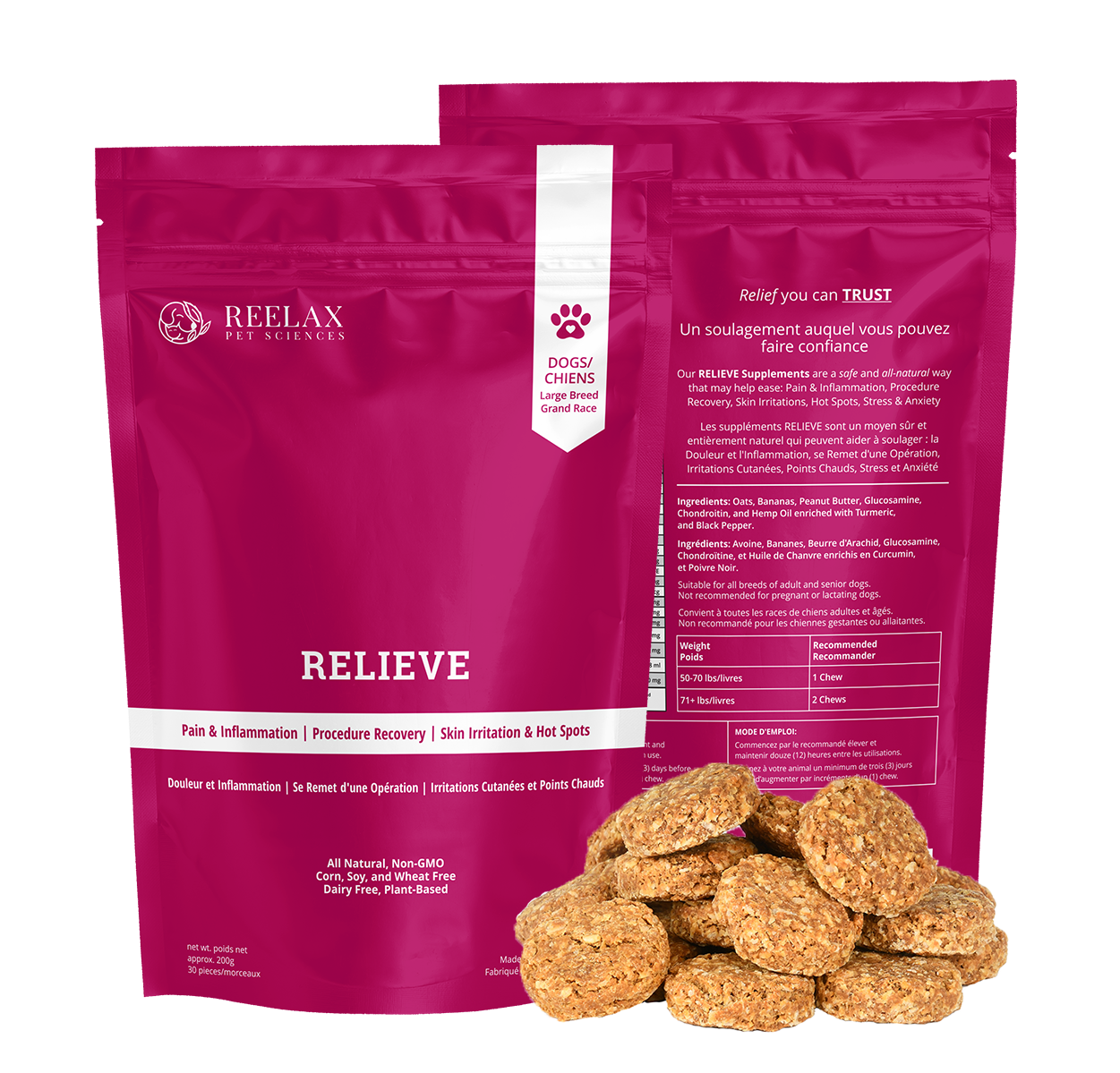 Relieve Supplement chews for large breed canines used to treat Pain, Inflammation, Procedure Recovery, Skin Irritations, Hot Spots, Stress, Anxiety. Enriched with Glucosamine, Chondroitin, full spectrum, CBD, Terpene, Hemp Oil, Turmeric, Black Pepper