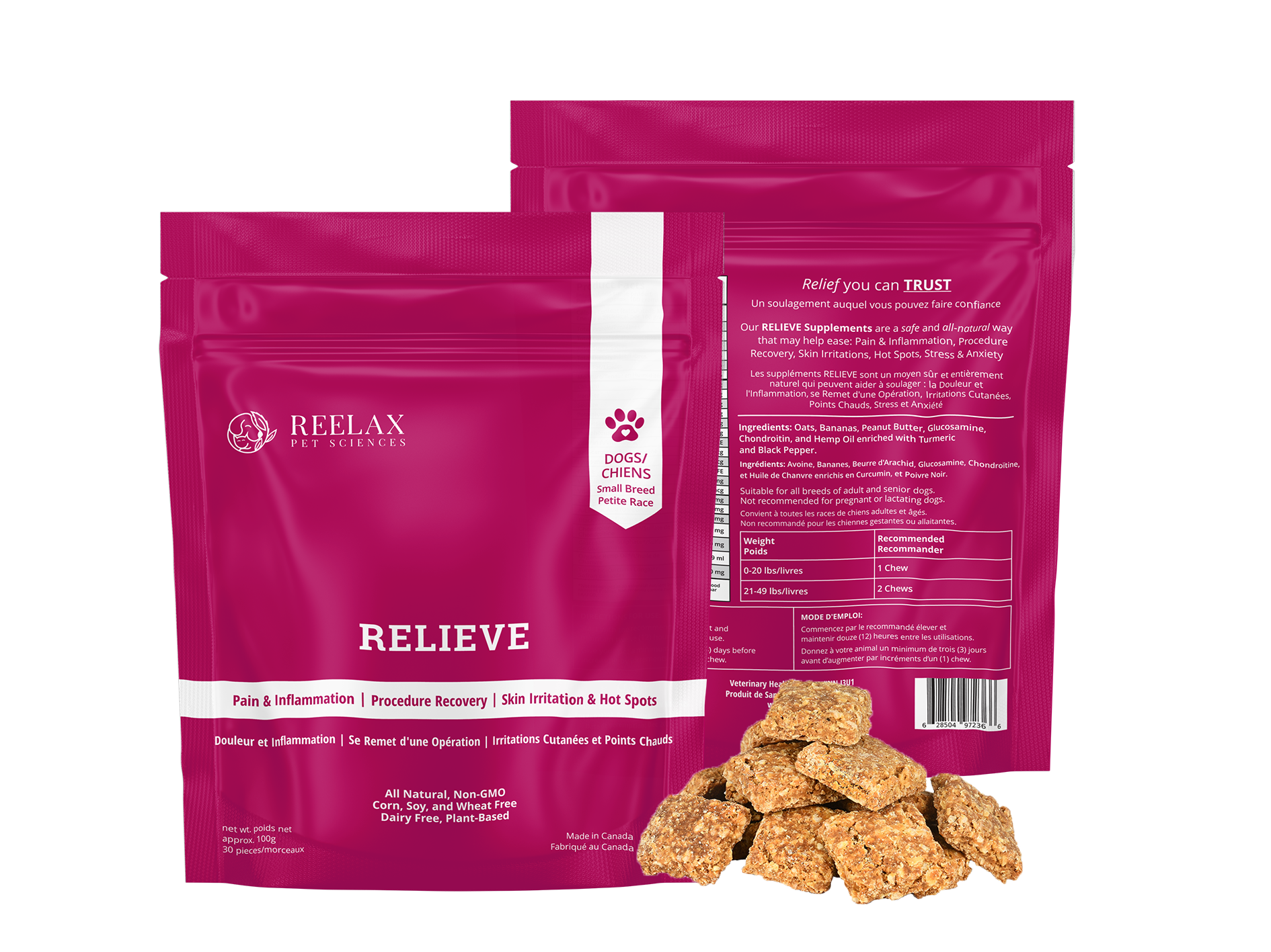 Relieve Supplement chews for small breed canines used to treat Pain, Inflammation, Procedure Recovery, Skin Irritations, Hot Spots, Stress, Anxiety. Enriched with Glucosamine, Chondroitin, full spectrum, CBD, Terpene, Hemp Oil, Turmeric, Black Pepper